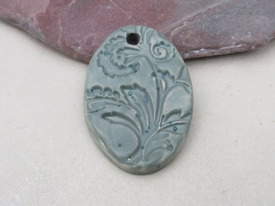 Large Sage Green Brocade Ceramic Pendant