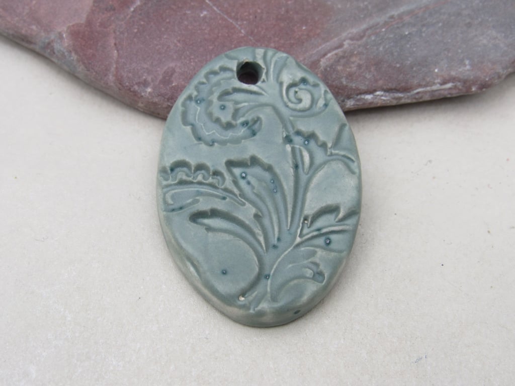 Large Sage Green Brocade Ceramic Pendant