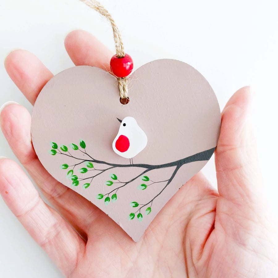 Sea Glass Robin Heart, Handmade Robin Hanging Decoration, Meaningful Beach Gift