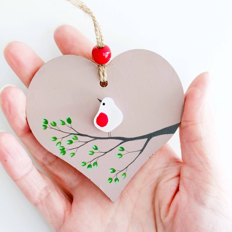 Sea Glass Robin Heart, Handmade Robin Hanging Decoration, Meaningful Beach Gift