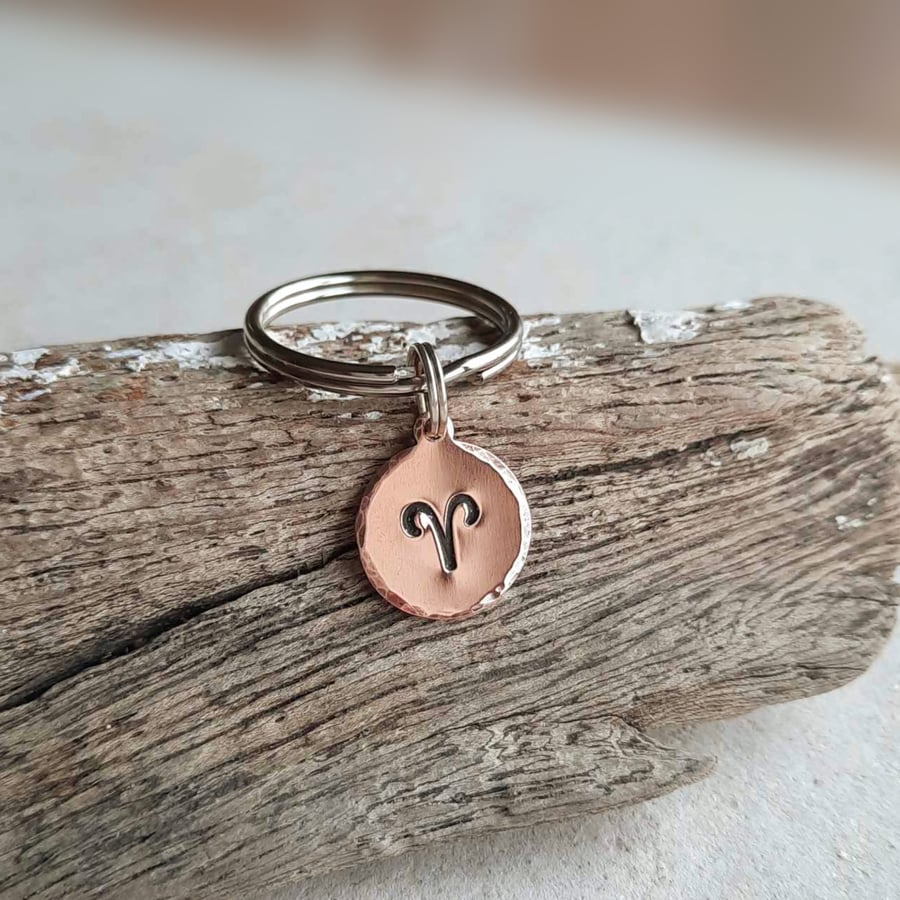 Aries Zodiac Symbol Key Ring - Hand Stamped Copper  - 7th Anniversary Gift