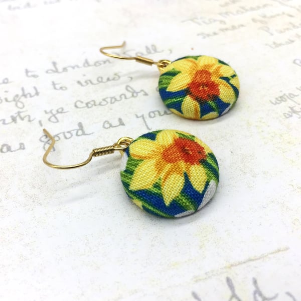 Golden Daffodils fabric button dangle earrings spring flowers gifts for her