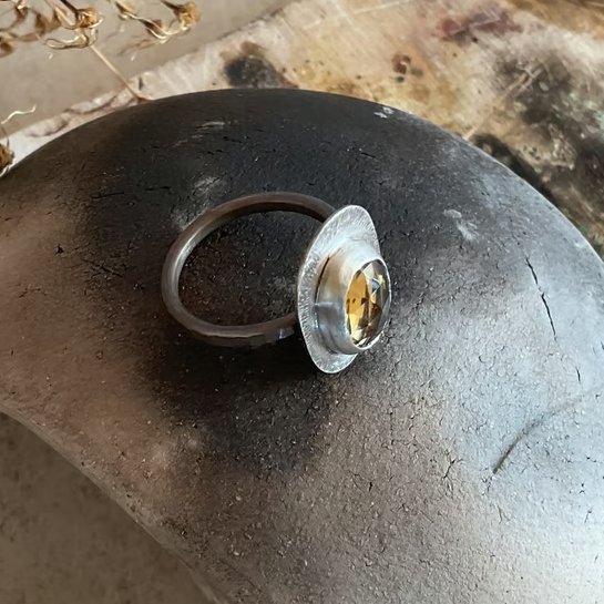 Oxidised Silver & Citrine Ring; Textured Faceted Stone Ring