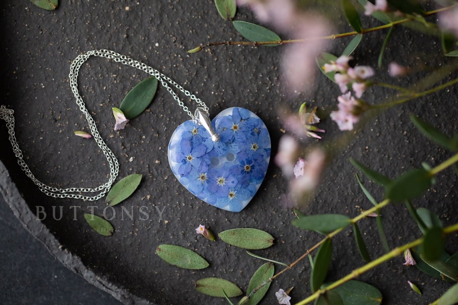 Forget Me Nots Necklace Button Heart Pressed Flower Necklace Gifts For Her Memor