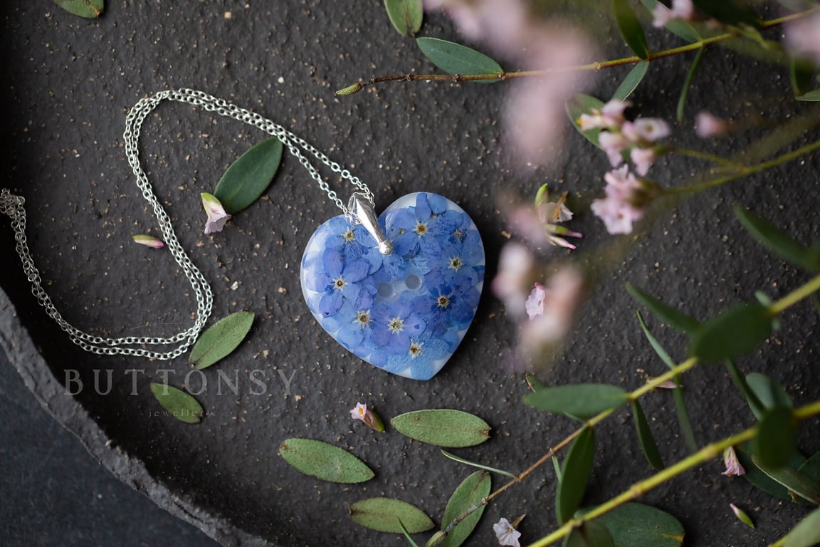 Forget Me Nots Necklace Button Heart Pressed Flower Necklace Gifts For Her Memor