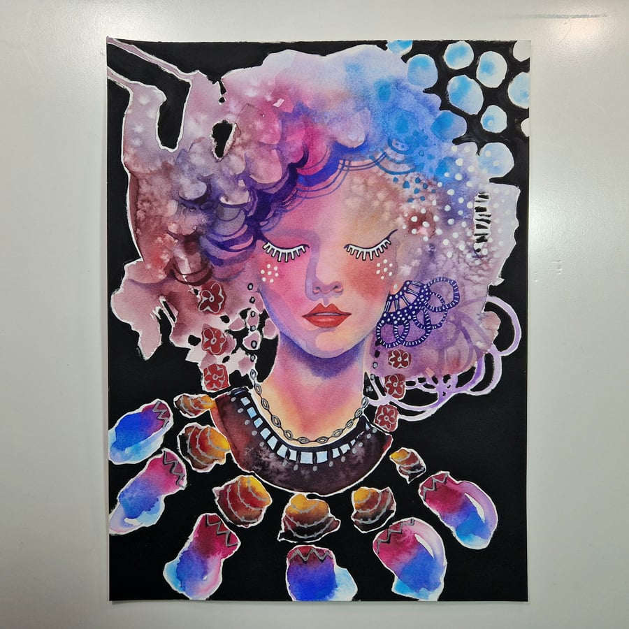Watercolour & mixed media Painting, Fashion Portrait, Disco Queen, Wall Art