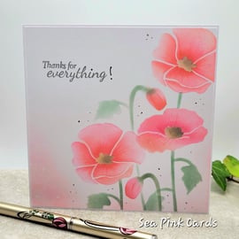 Poppy Thank You Card - cards, handmade, poppies, pink, sage green leaves 