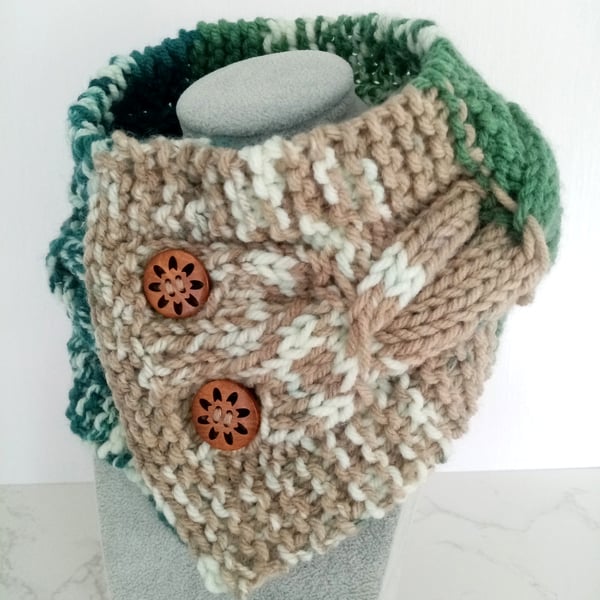 Merino Fair Isle Style Cable Knit Neck Warmer, Handmade Scarf