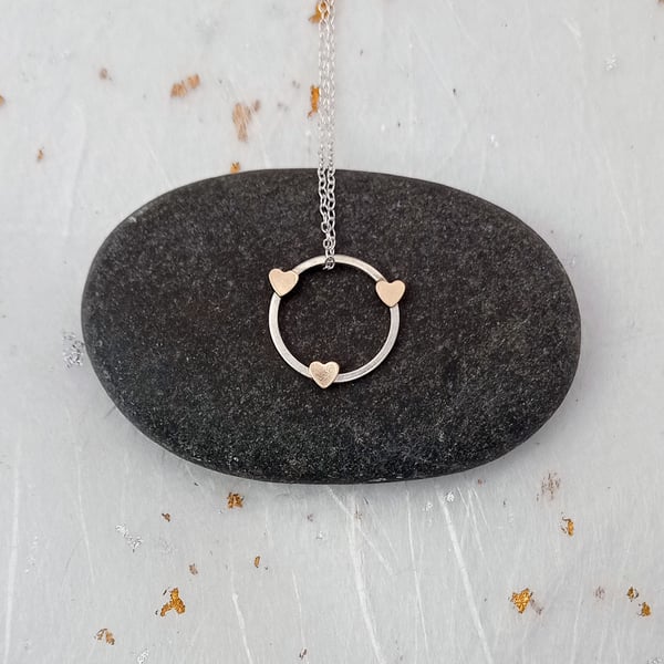 Recycled sterling silver circle & 14ct filled gold heart necklace 