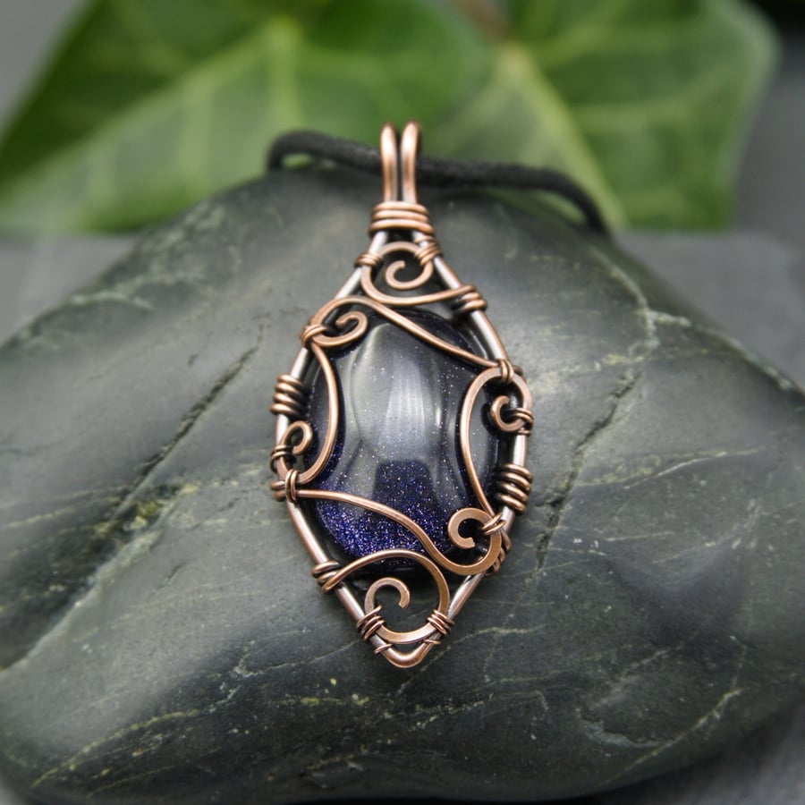 Copper Wire Scrolled Pendant - Blue Goldstone Wire Wrapped Pendant Necklace