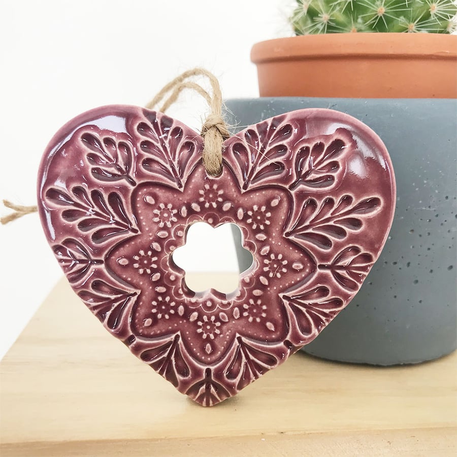 Ceramic heart hanging decoration Pottery Heart Folk art love heart plum