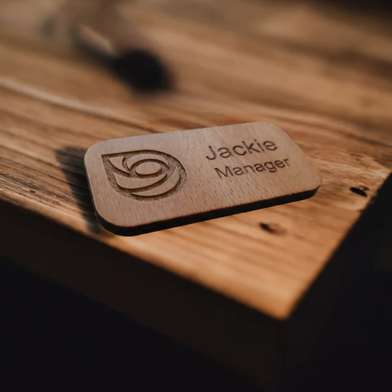 Personalised Staff ID Wood Badges.40mm x 75mm x 4mm Pin Fastener. (2 Badges)