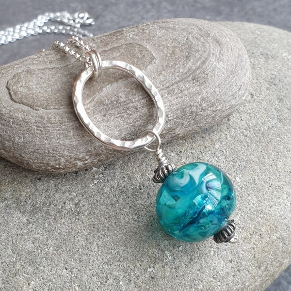 Turquoise glass pendant, Silver hoop necklace, Lampwork bead jewellery