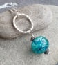 Turquoise glass pendant, Silver hoop necklace, Lampwork bead jewellery