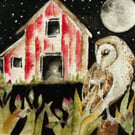 Mounted Original Whimsical Barn Owl under Full Moon Celestial Watercolour Art