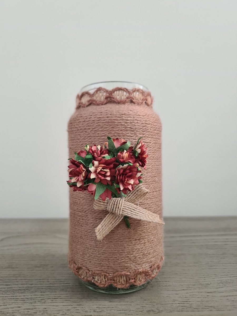 Image of Handmade Taupe Yarn Wrapped Vase - Crochet Trim and Rustic Flower Detail