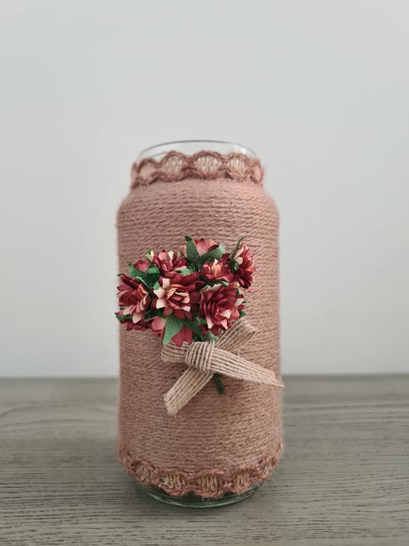 Handmade Taupe Yarn Wrapped Vase - Crochet Trim and Rustic Flower Detail