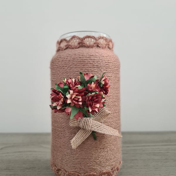 Handmade Taupe Yarn Wrapped Vase - Crochet Trim and Rustic Flower Detail