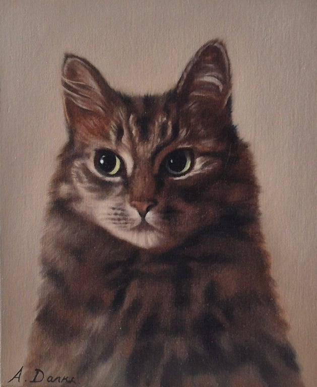Tabby cat portrait. Oil on board. 30.5 x 25.5 cm