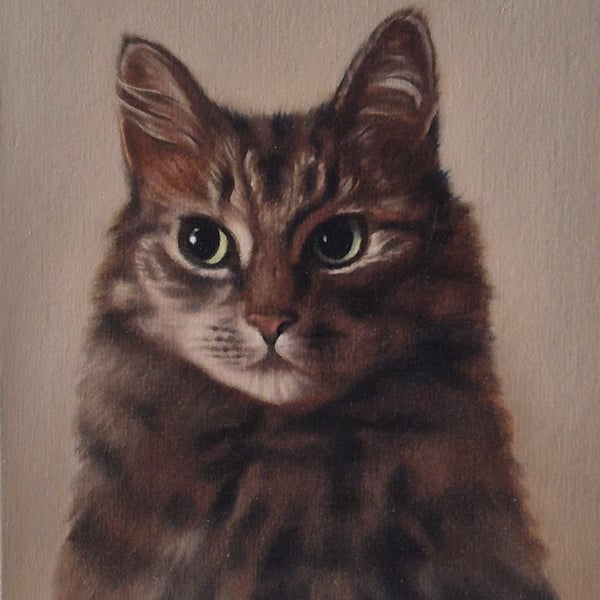 Tabby cat portrait. Oil on board. 30.5 x 25.5 cm