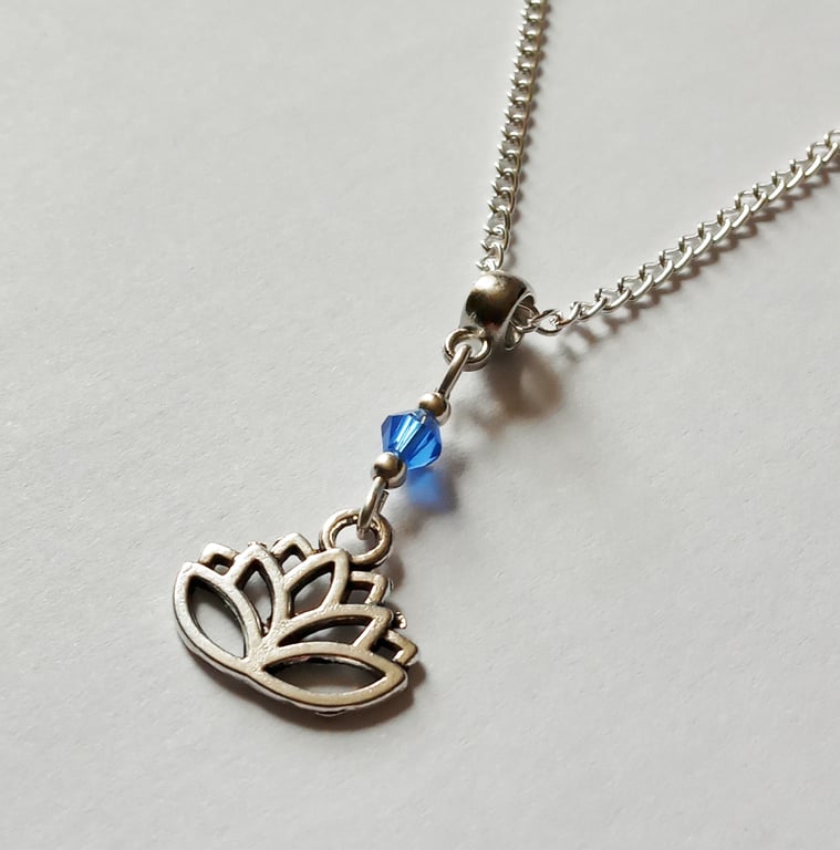 Blue Crystal Lotus Flower Zen Tao Necklace Silver Plate