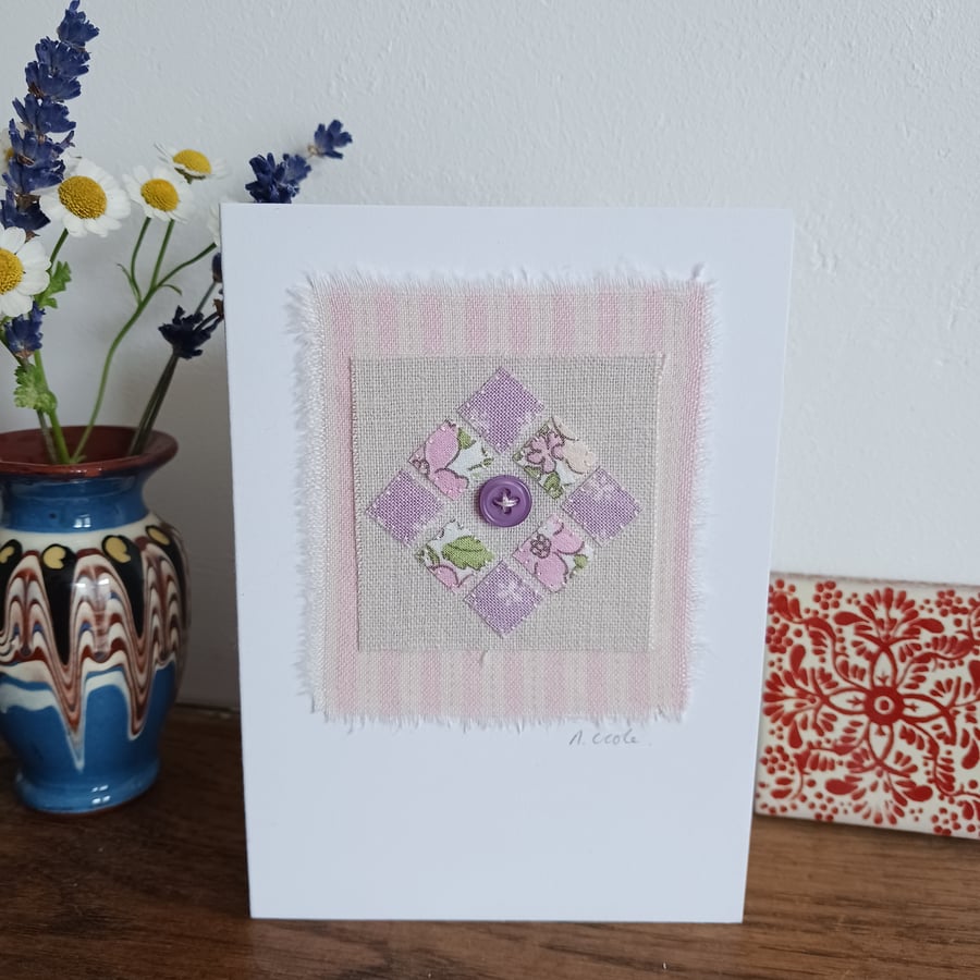 Vintage Patchwork with button hand stitched fabric card - CLEARANCE