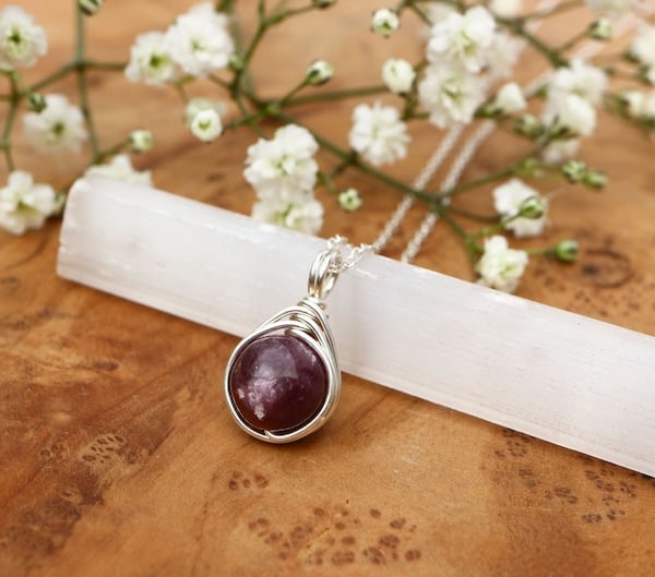 Lepidolite Lithium Mica Necklace Wire Wrapped in Sterling Silver
