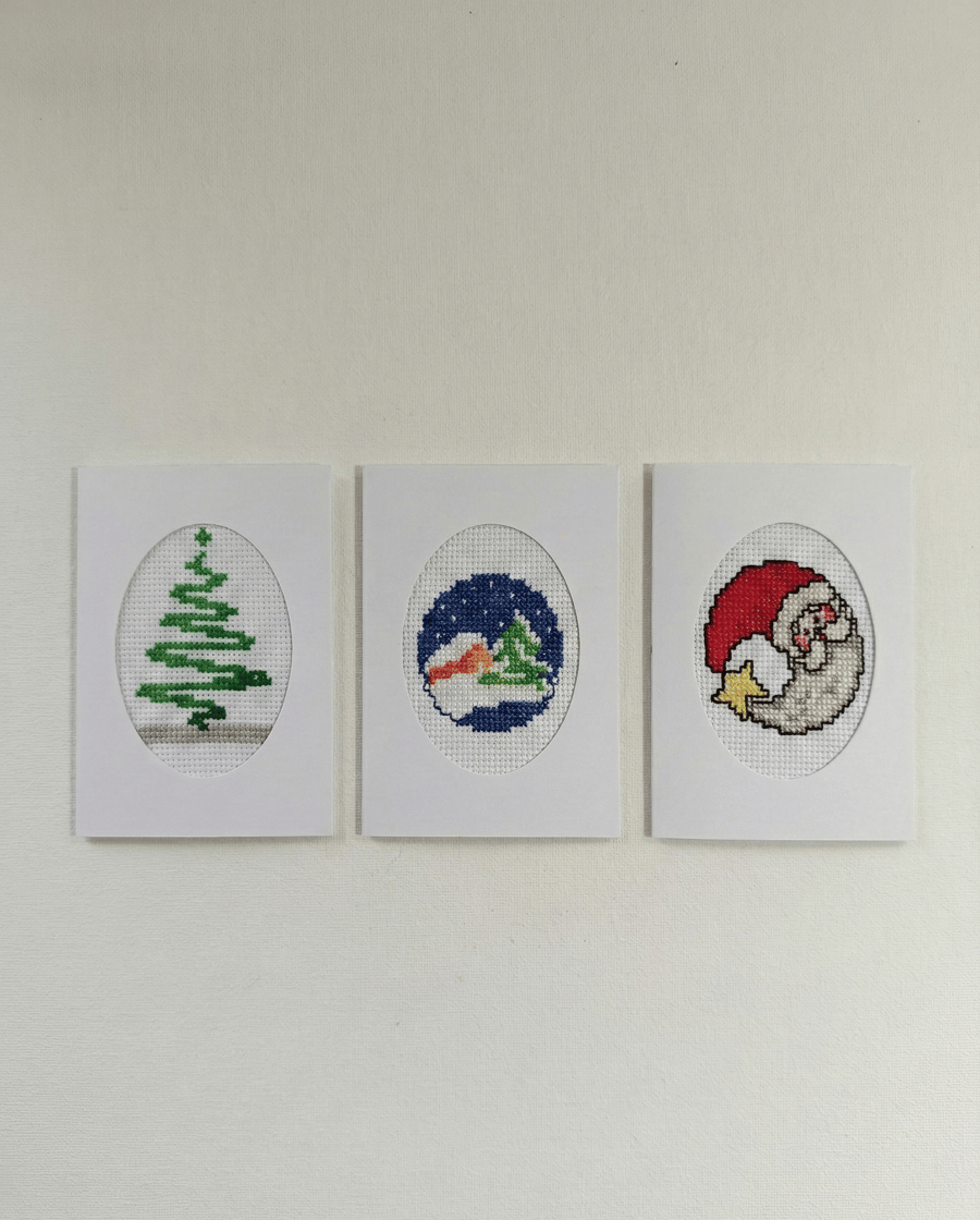 Handmade Christmas Cards — Cross-Stitch Set of 3 Small Cards