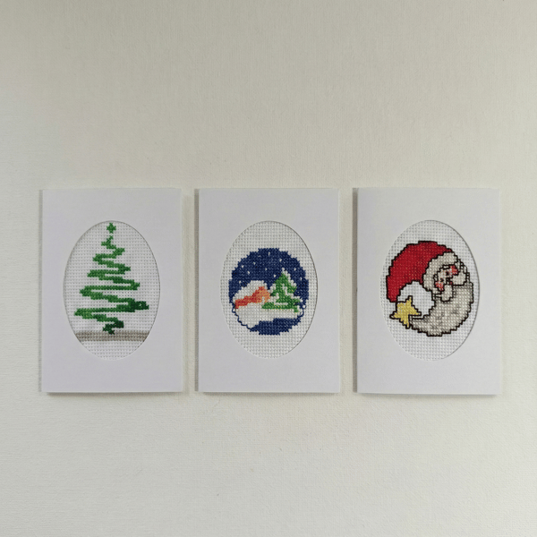Handmade Christmas Cards — Cross-Stitch Set of 3 Small Cards