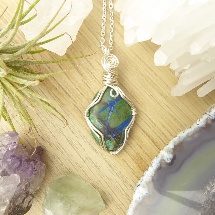 Wire Wrapped Azurite Stone Pendant