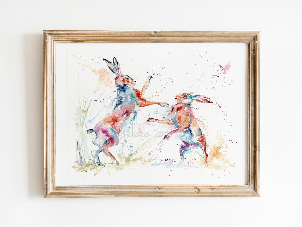 Boxing Hares, Fighting Hares Watercolour Fine Art Giclee Print, Hare Watercolour