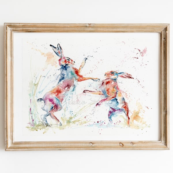 Boxing Hares, Fighting Hares Watercolour Fine Art Giclee Print, Hare Watercolour