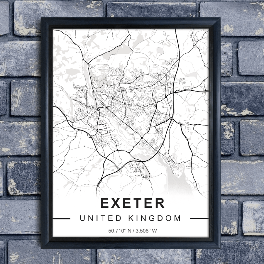 Map of EXETER, Cityscape Poster, Black and White City Map, Framed Wall Art