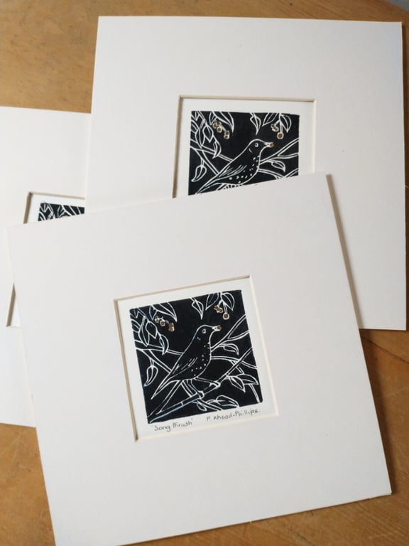 Song Thrush Lino Print.