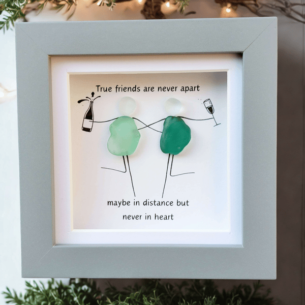 Handmade Sea Glass Distance Friendship Wall Art - Gift Frame for Besties