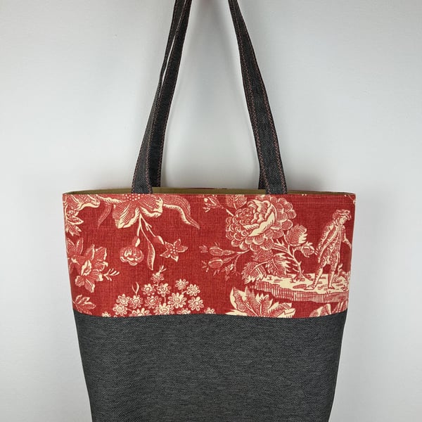 Red Linen Toile de Jouy Fabric Tote Bag, Traditional Scenes of Rural France Fabr