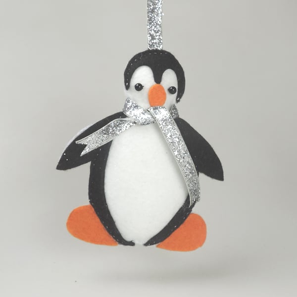 Handmade Penguin Decoration, Wearing a glittery scarf, Winter Felt Penguin