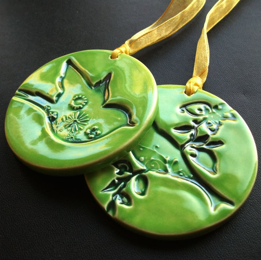 SALE Set of two large bright green ceramic bird hanging decorations 