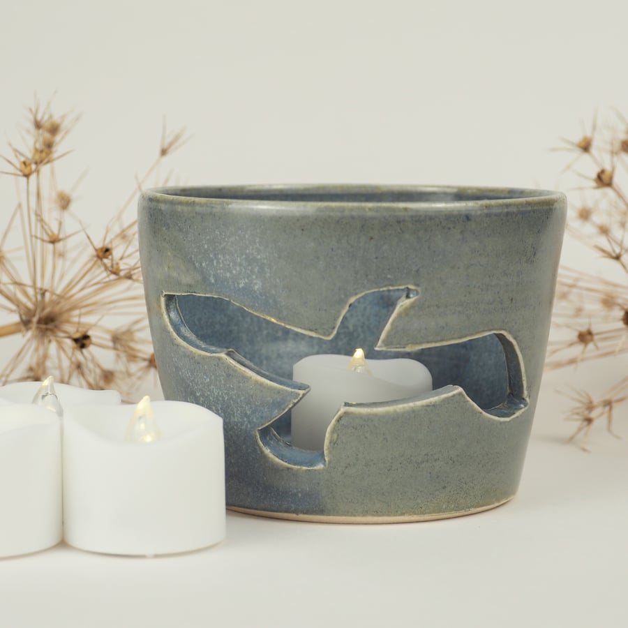 Grey Blue Candle Holder - single Seagull with raised design