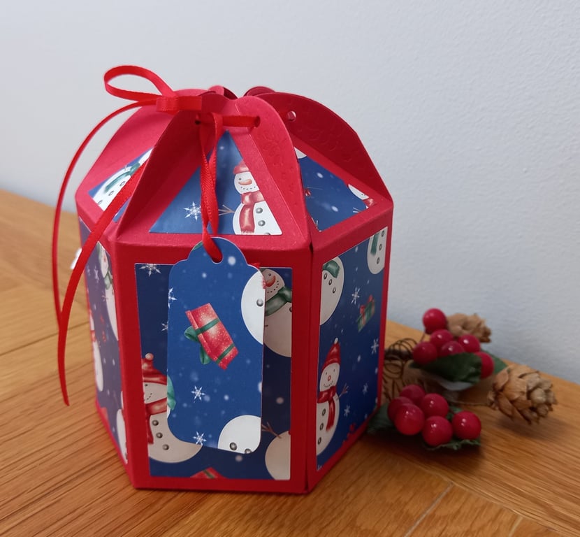 Snowman design hexagonal Christmas gift box, handmade