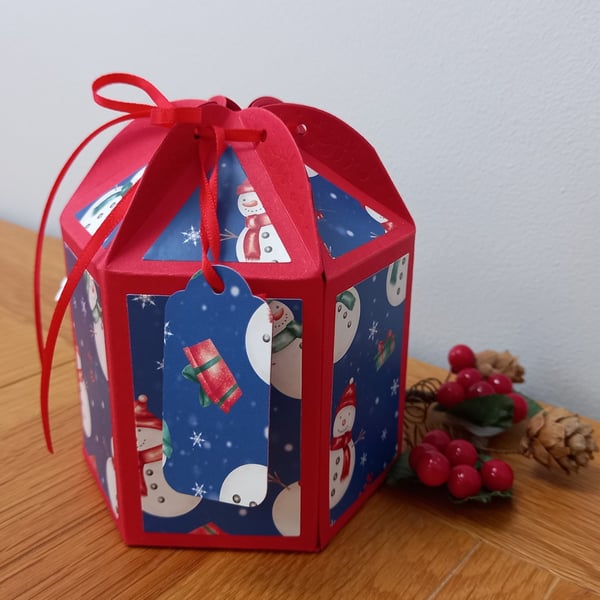 Snowman design hexagonal Christmas gift box, handmade