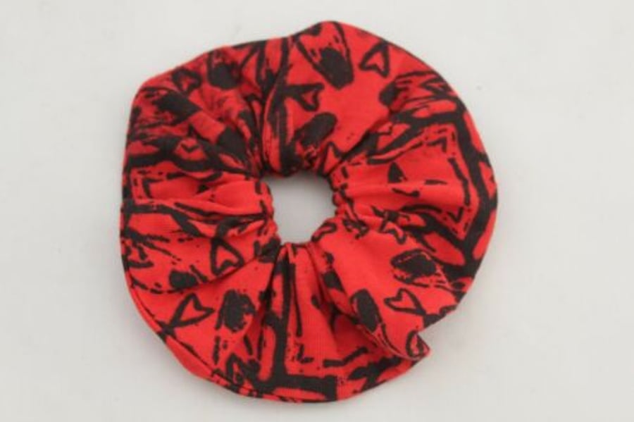 Red and blue scrunchie geometric hand print,Eco hair accessory,gift