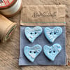 Buttons 28mm handmade pottery heart Blue buttons set of four