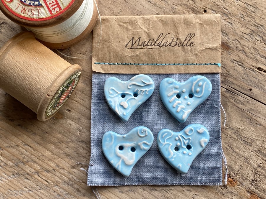 Handmade Ceramic Blue Paisley set of Four Heart Buttons