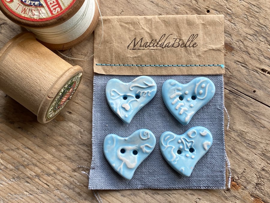 Buttons 28mm handmade pottery heart Blue buttons set of four
