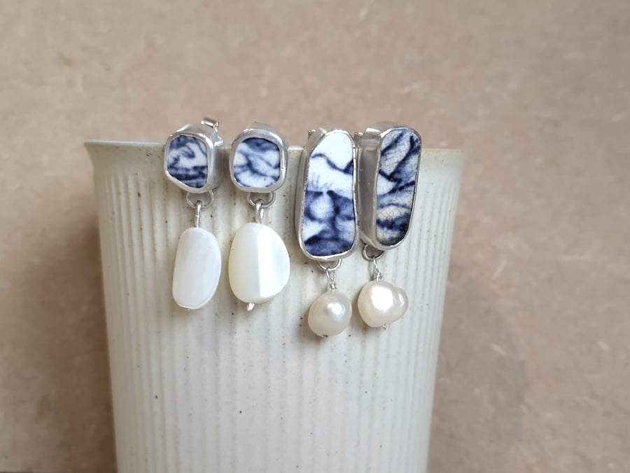 Treasured: reclaimed china earrings with mother of pearl 