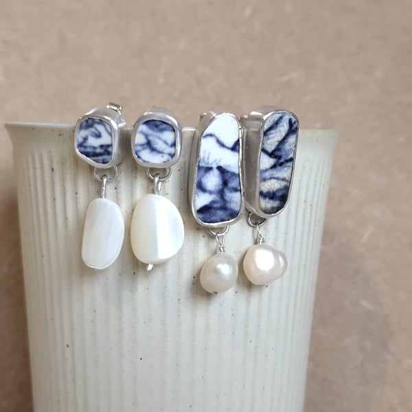 Treasured: reclaimed china earrings with mother of pearl 