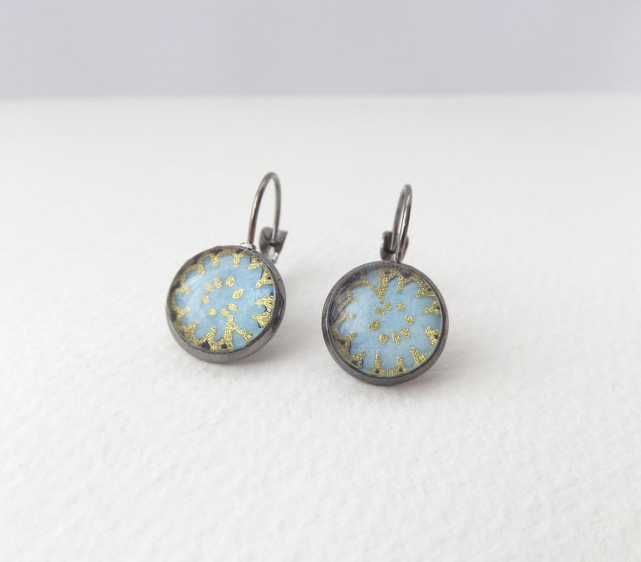 Gunmetal and Blue Earrings, Paper Dangle drop leverback Earrings