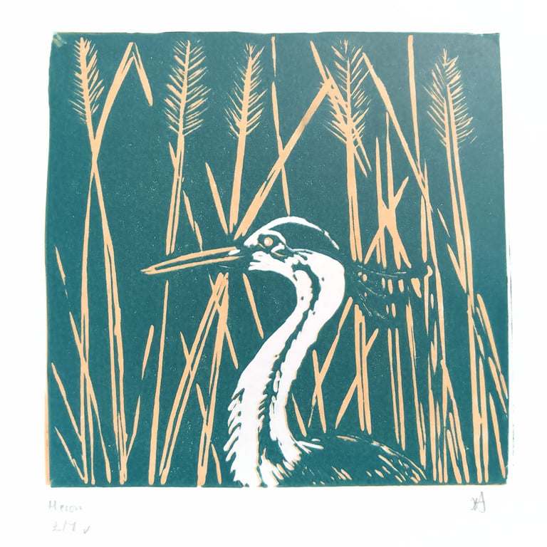 Heron mini linoprint limited edition 