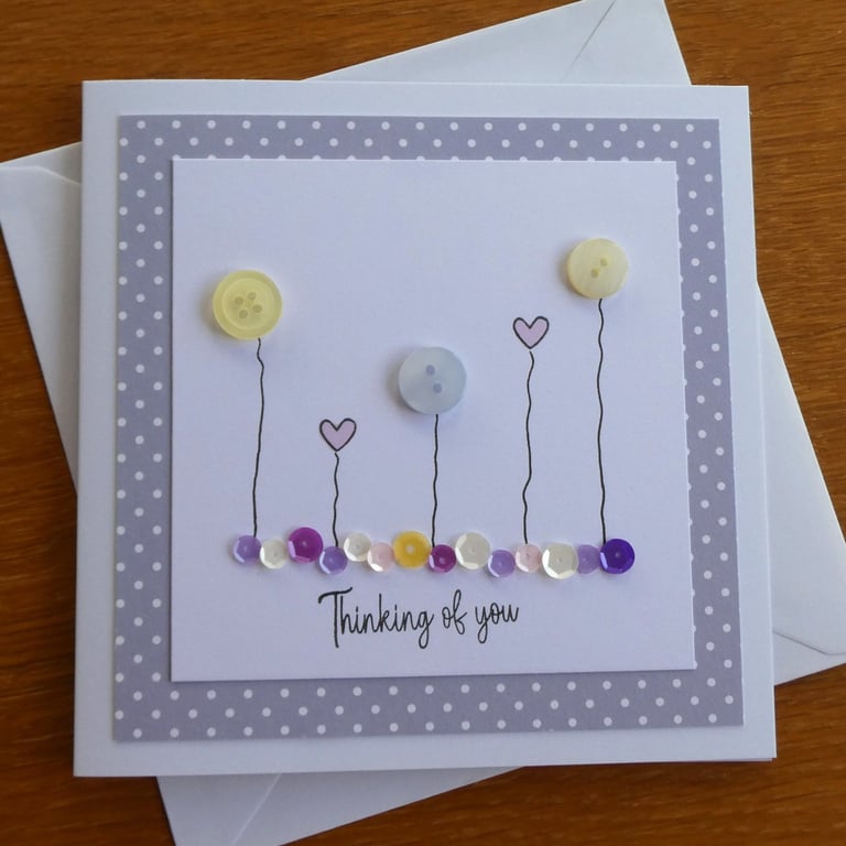 Thinking of You Card - Flowers, Hearts and Sequins - Grey and Lemon